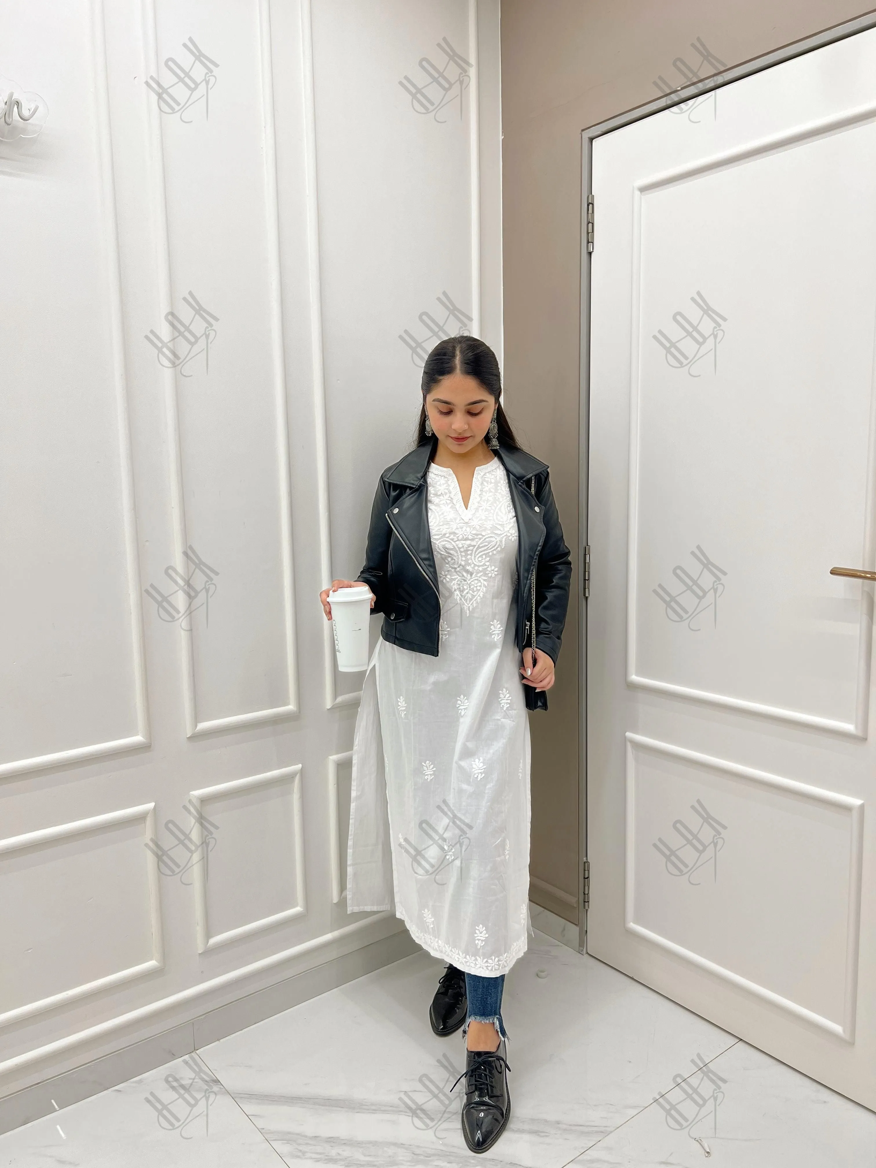 Sharmin in HOK Chikankari Long Kurti for Women in white