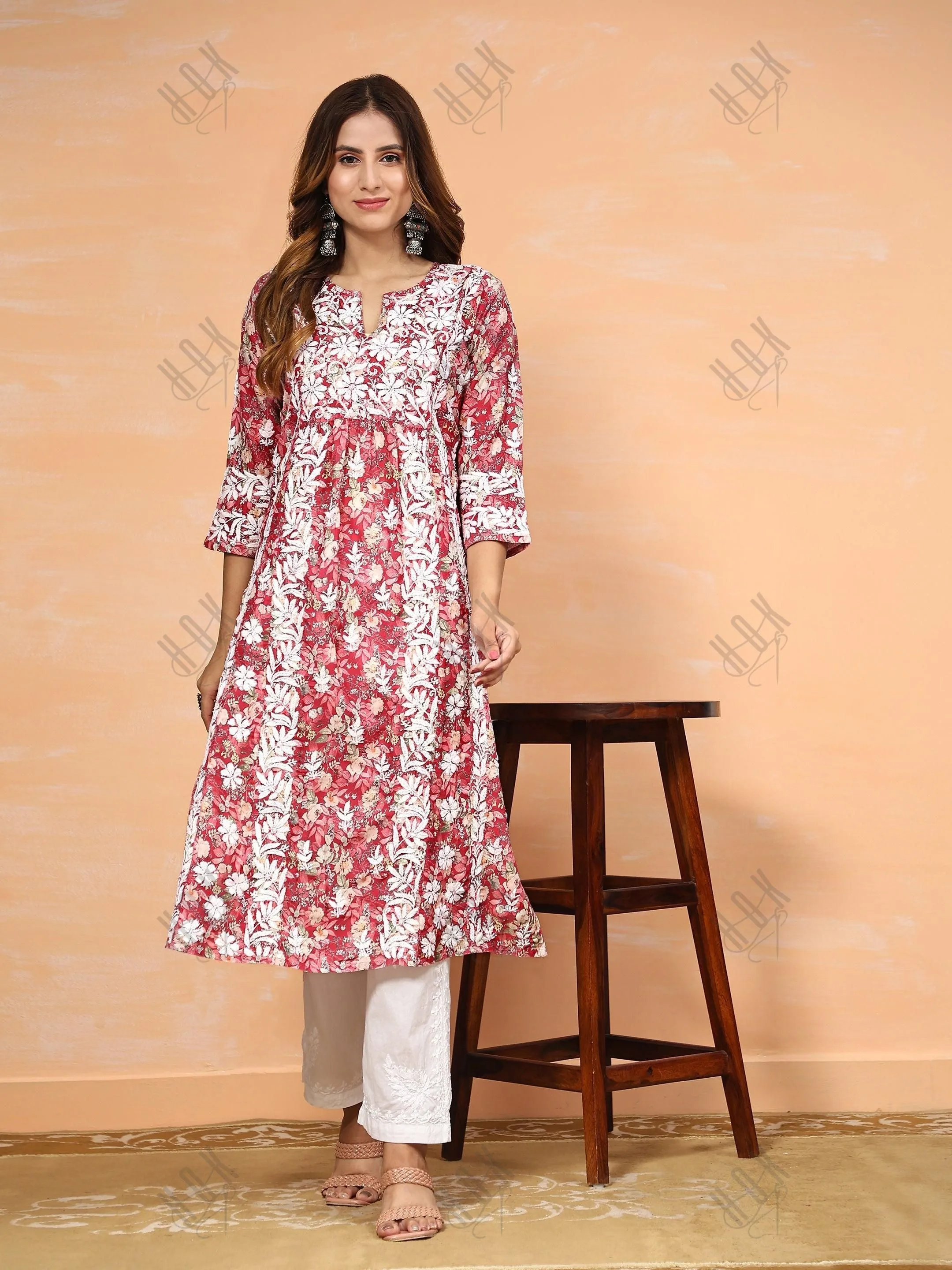 Shivani in Chikankari Long Kurta in Muslin Cotton for Women- Red Print