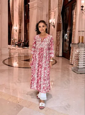 Shivani in Chikankari Long Kurta in Muslin Cotton for Women- Red Print