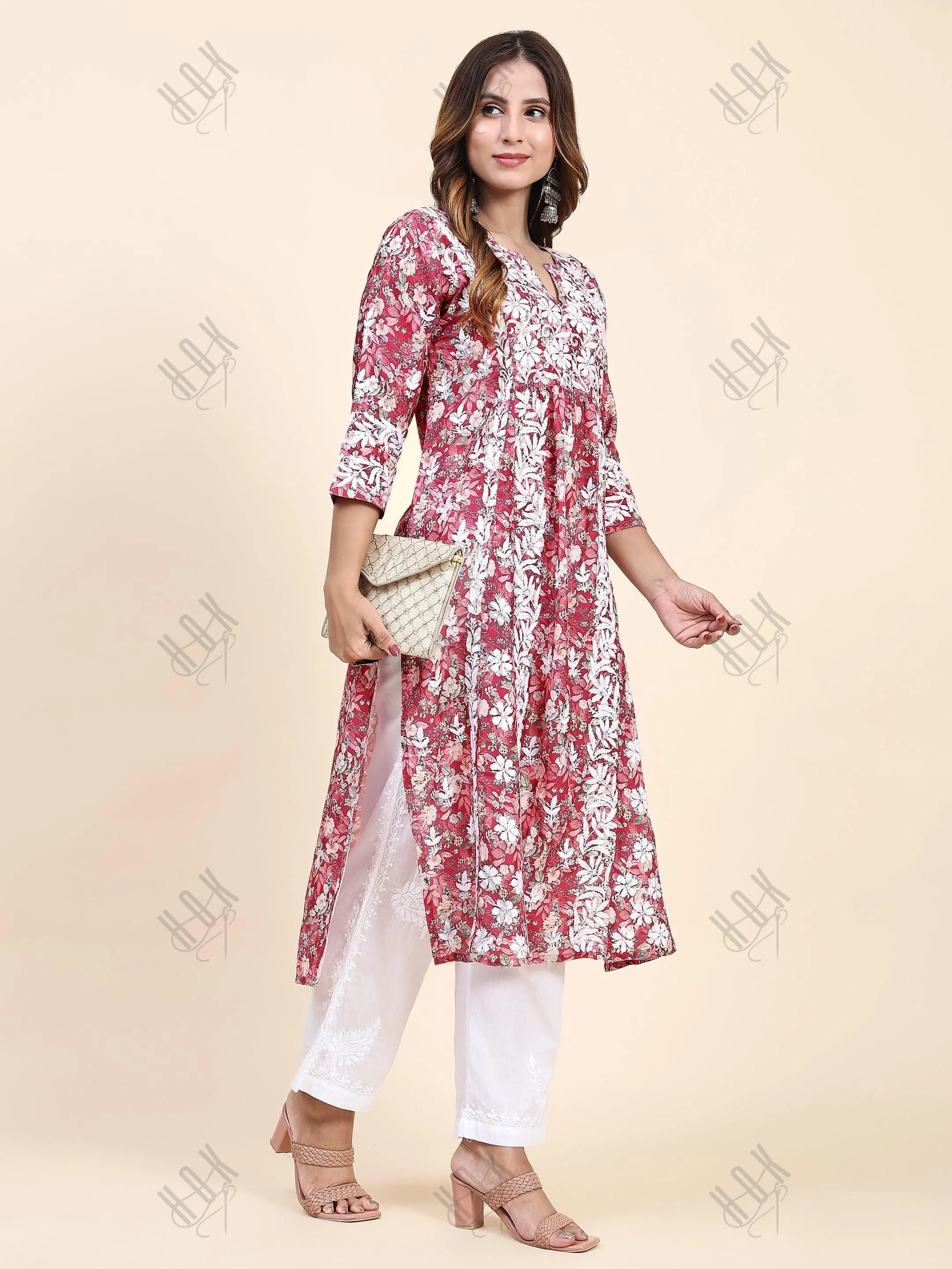 Shivani in Chikankari Long Kurta in Muslin Cotton for Women- Red Print