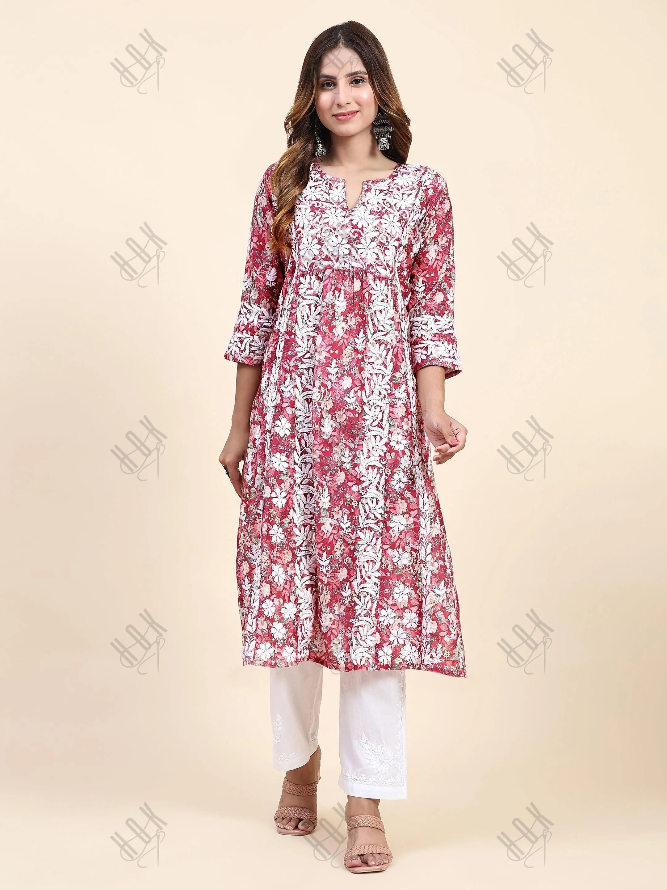 Shivani in Chikankari Long Kurta in Muslin Cotton for Women- Red Print