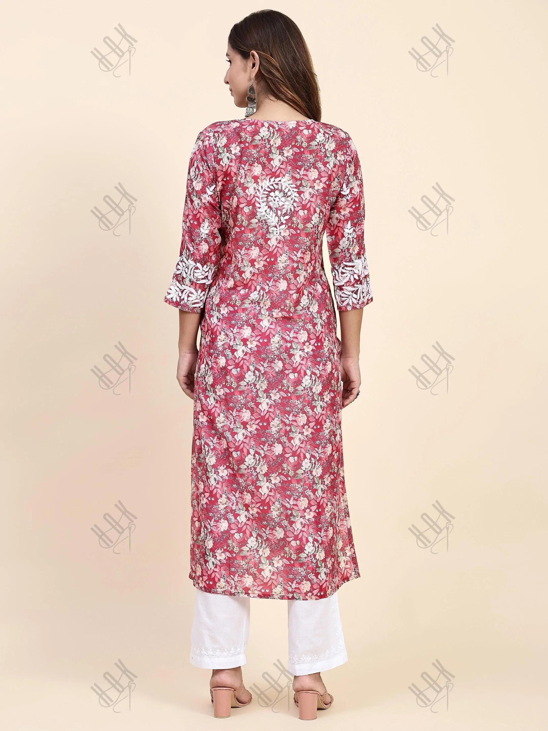 Shivani in Chikankari Long Kurta in Muslin Cotton for Women- Red Print