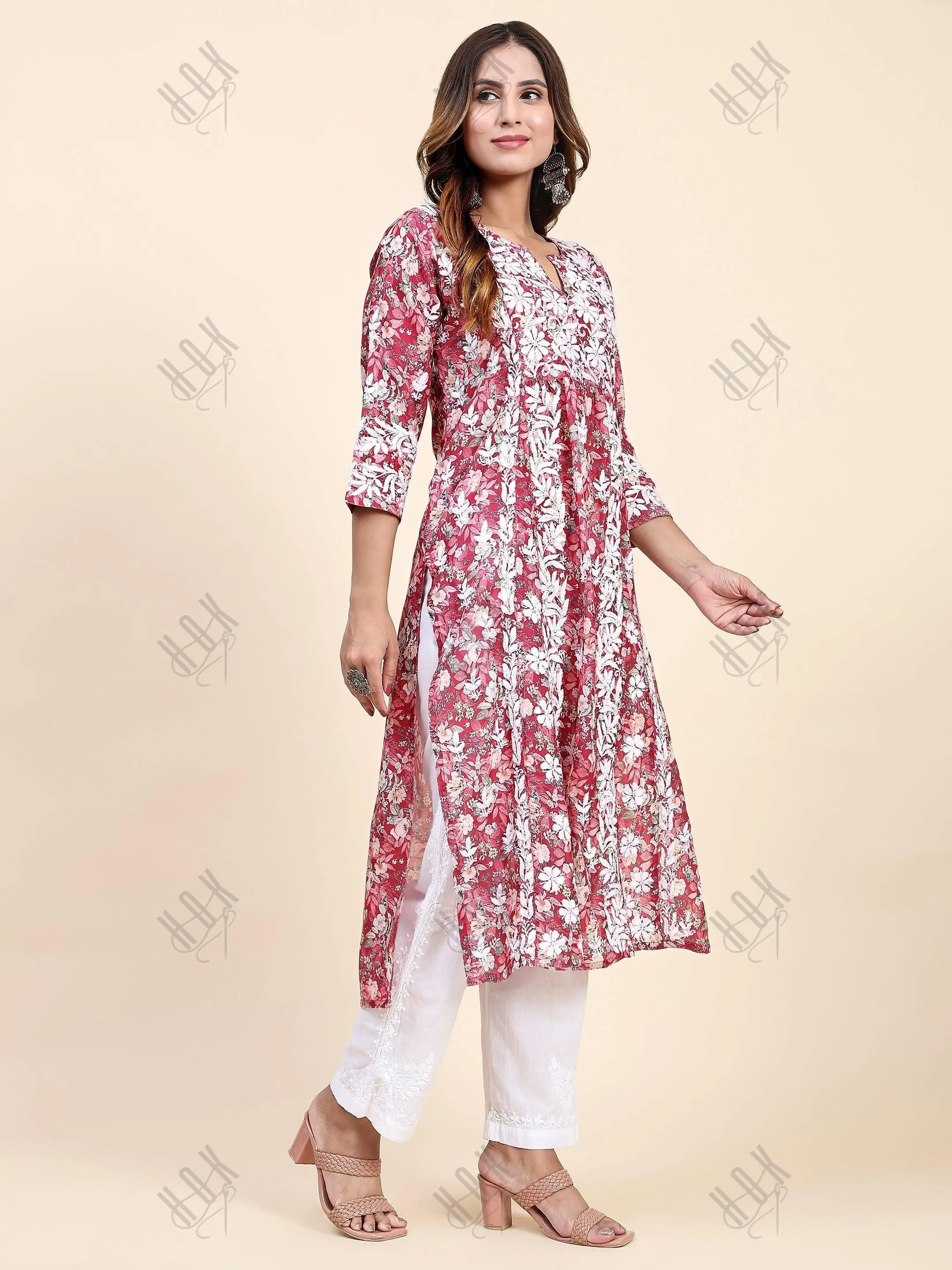 Shivani in Chikankari Long Kurta in Muslin Cotton for Women- Red Print