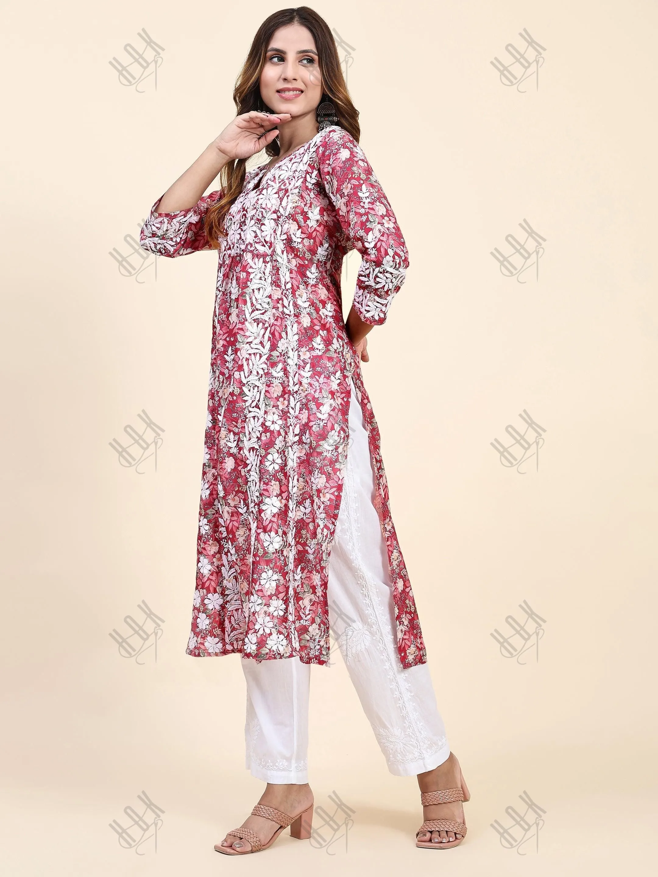 Shivani in Chikankari Long Kurta in Muslin Cotton for Women- Red Print