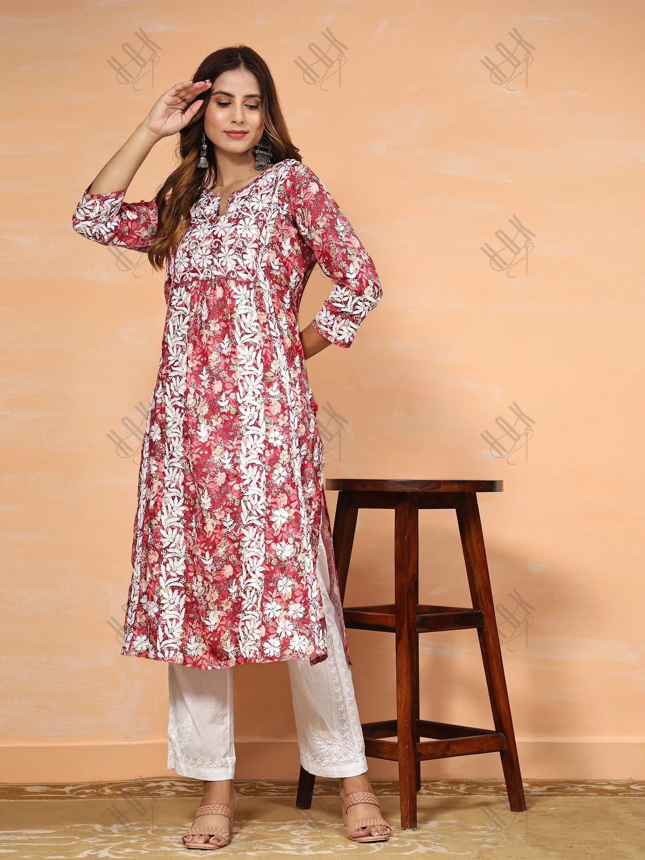 Shivani in Chikankari Long Kurta in Muslin Cotton for Women- Red Print