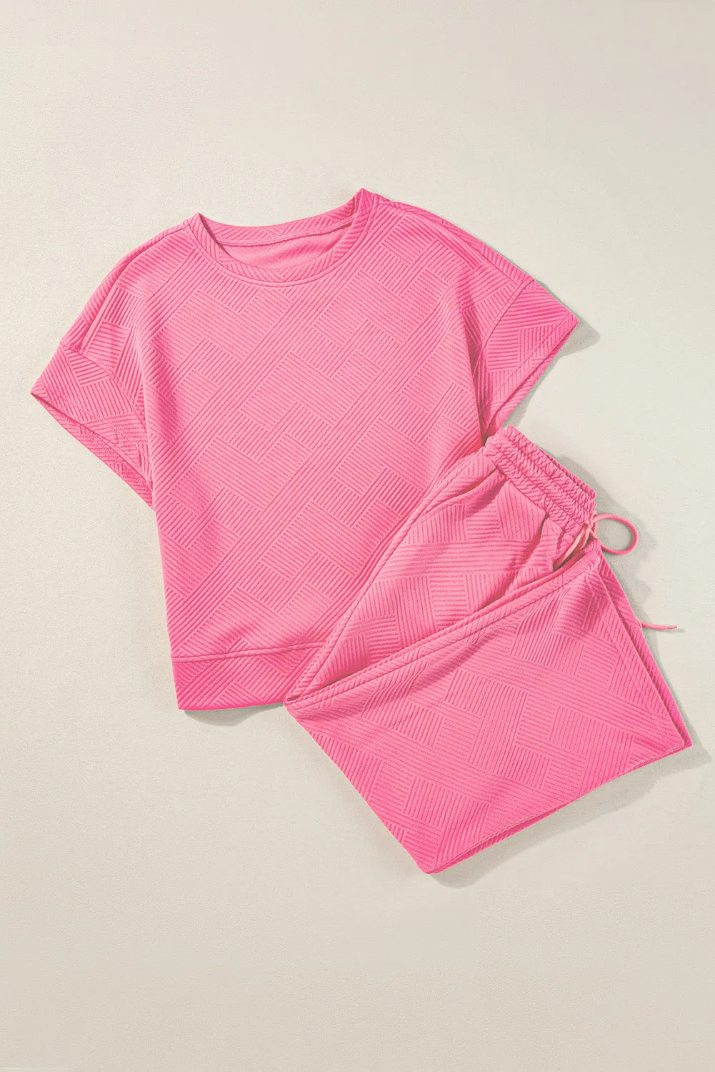 Strawberry Pink Textured Loose Fit Top and Drawstring Pants Set (Takes 2 Weeks Delivery)