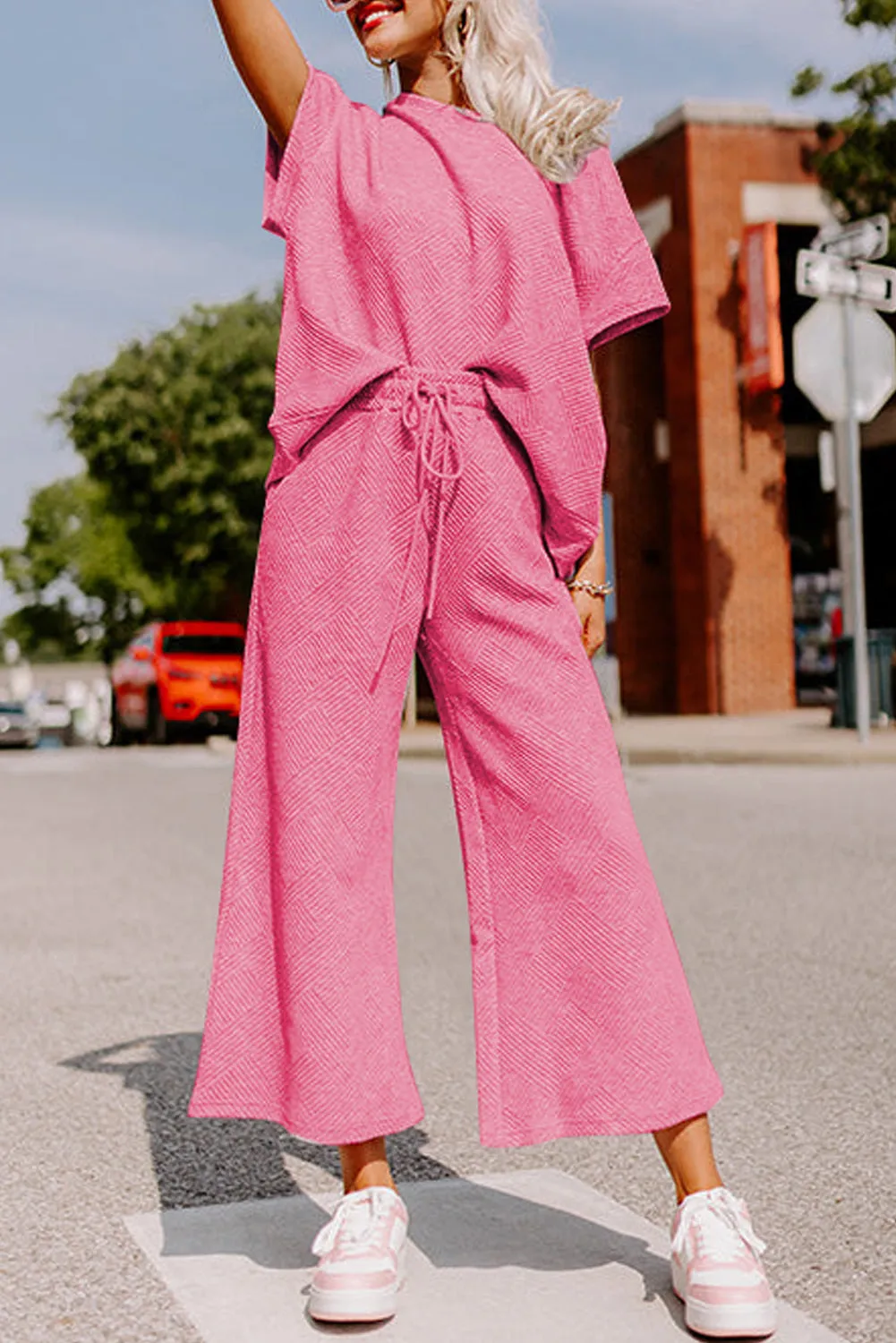 Strawberry Pink Textured Loose Fit Top and Drawstring Pants Set (Takes 2 Weeks Delivery)