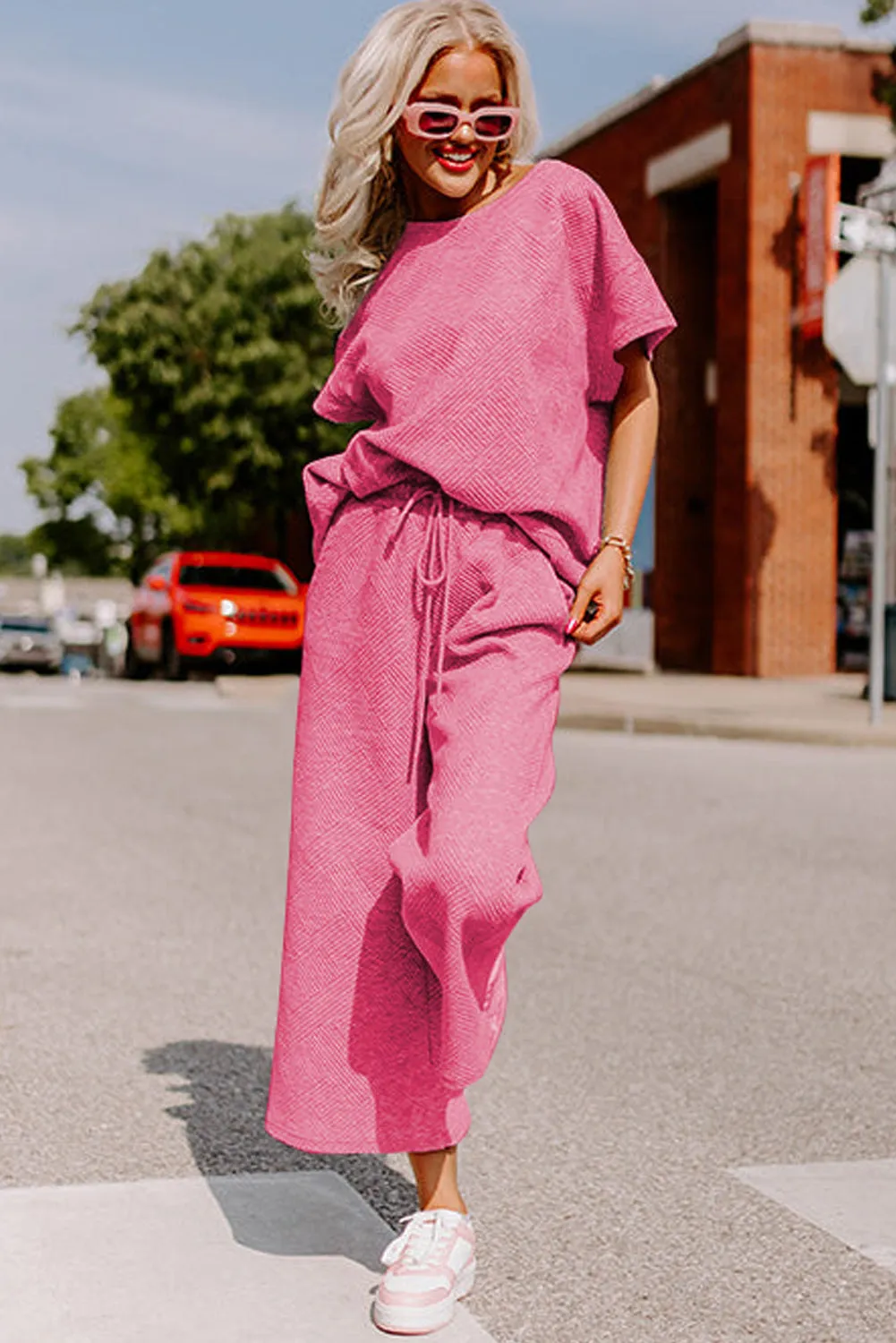 Strawberry Pink Textured Loose Fit Top and Drawstring Pants Set (Takes 2 Weeks Delivery)