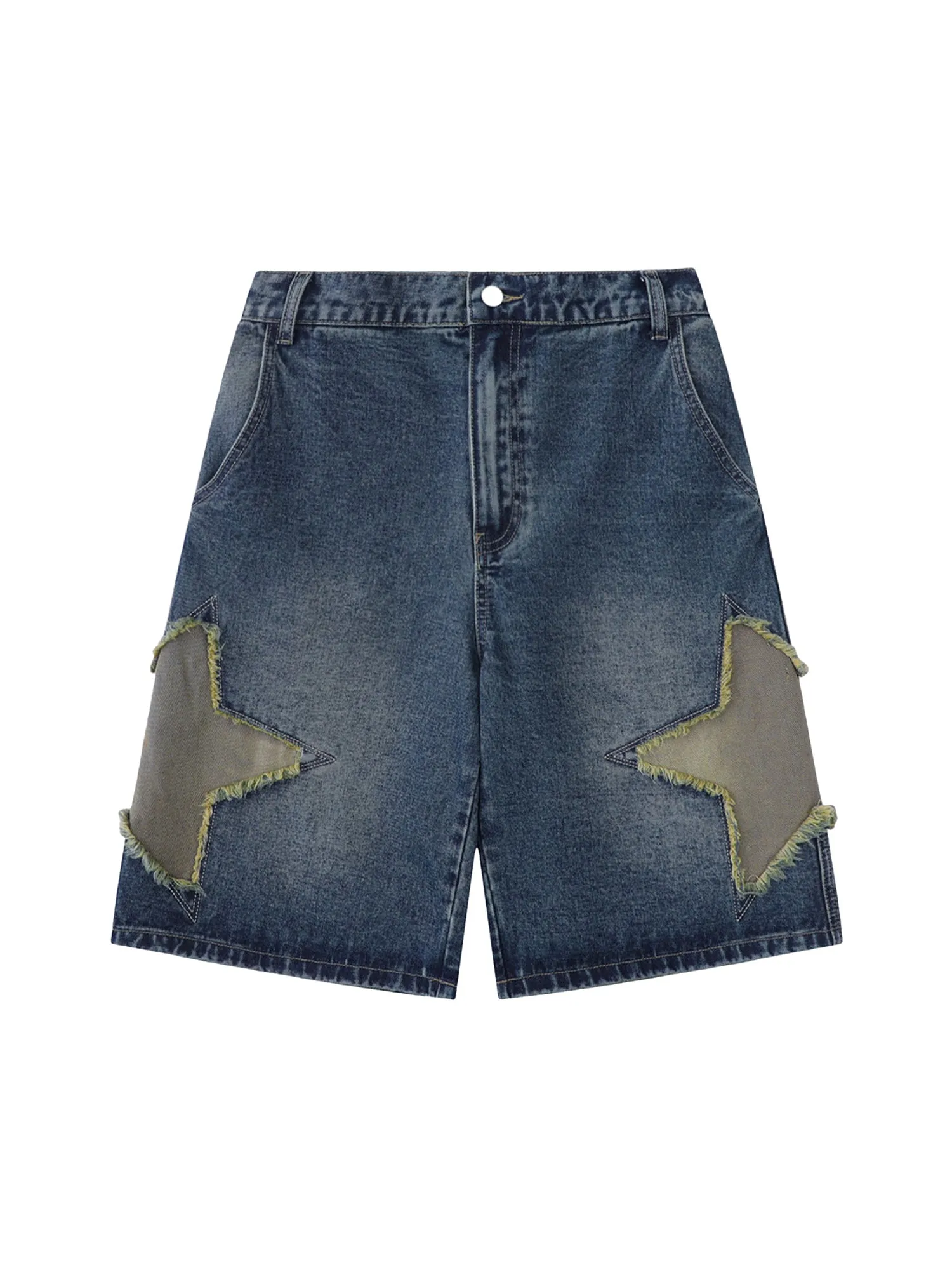 Street Patchwork Star Embroidered Denim Shorts - 2133