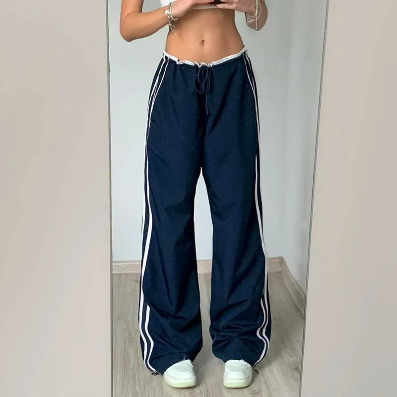 Streetwear Drawstring Stripe Women Trousers Straight Leg Casual Baggy Pants Patchwork Sporty Joggers Sweatpants 2024