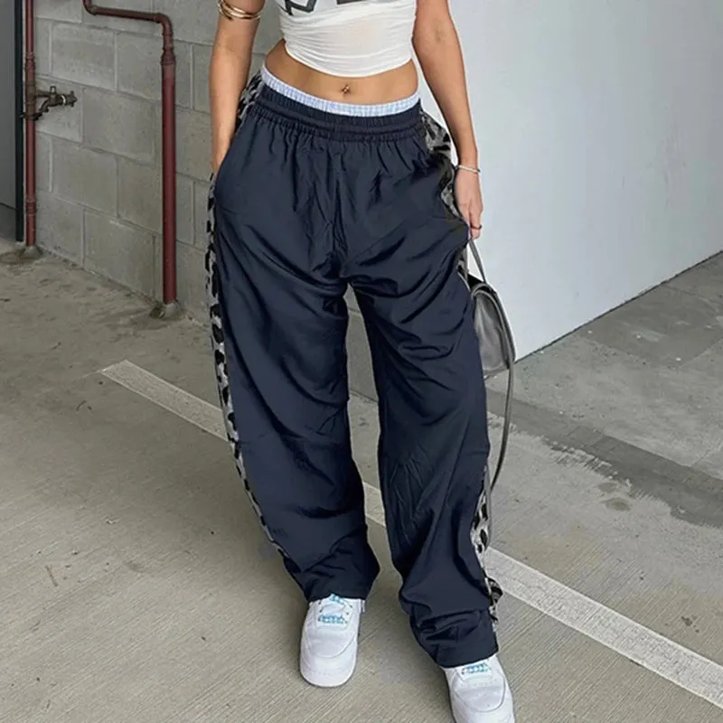 Streetwear Leopard Patchwork Loose Women Trousers Drawstring Joggers Casual Harajuku Sporty Pants Full Length Outfits