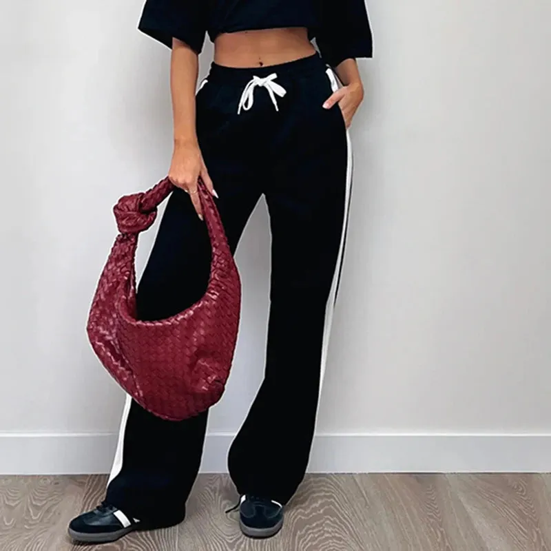 Streetwear Stripe Spliced Autumn Sweatpants Women Trousers Sporty Casual Elastic Waist Homewear Pants Straight Bottom