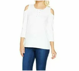 Susan Graver Weekend Stretch Cotton Modal Cold Shoulder Top, White, Size 2X