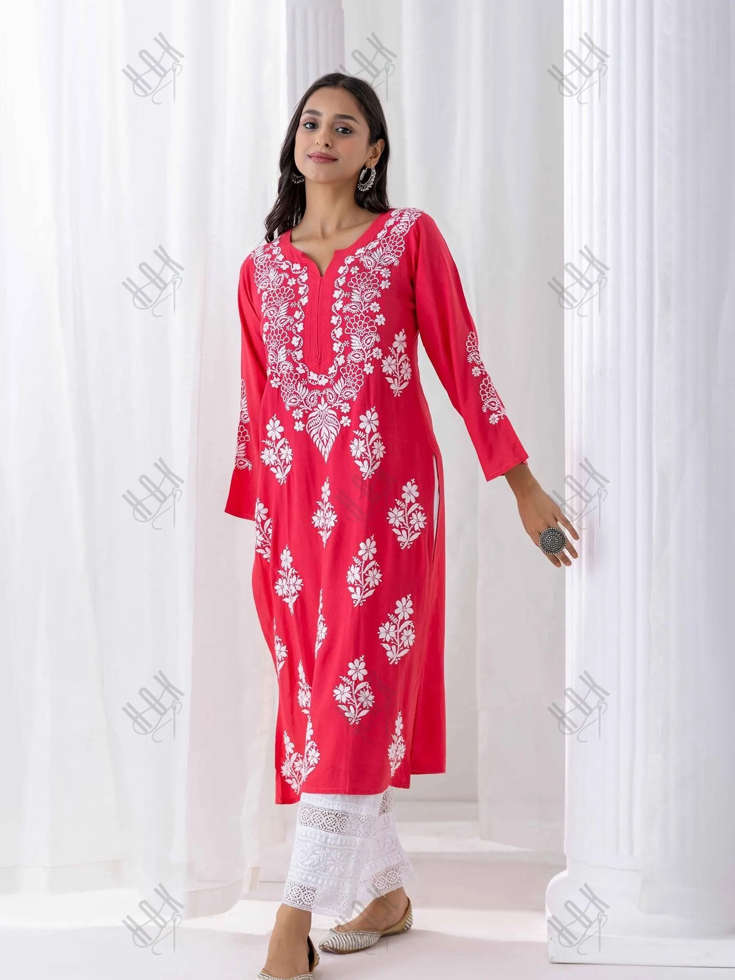 Tanika in Hand Embroidered Chikankari Kurta in Red