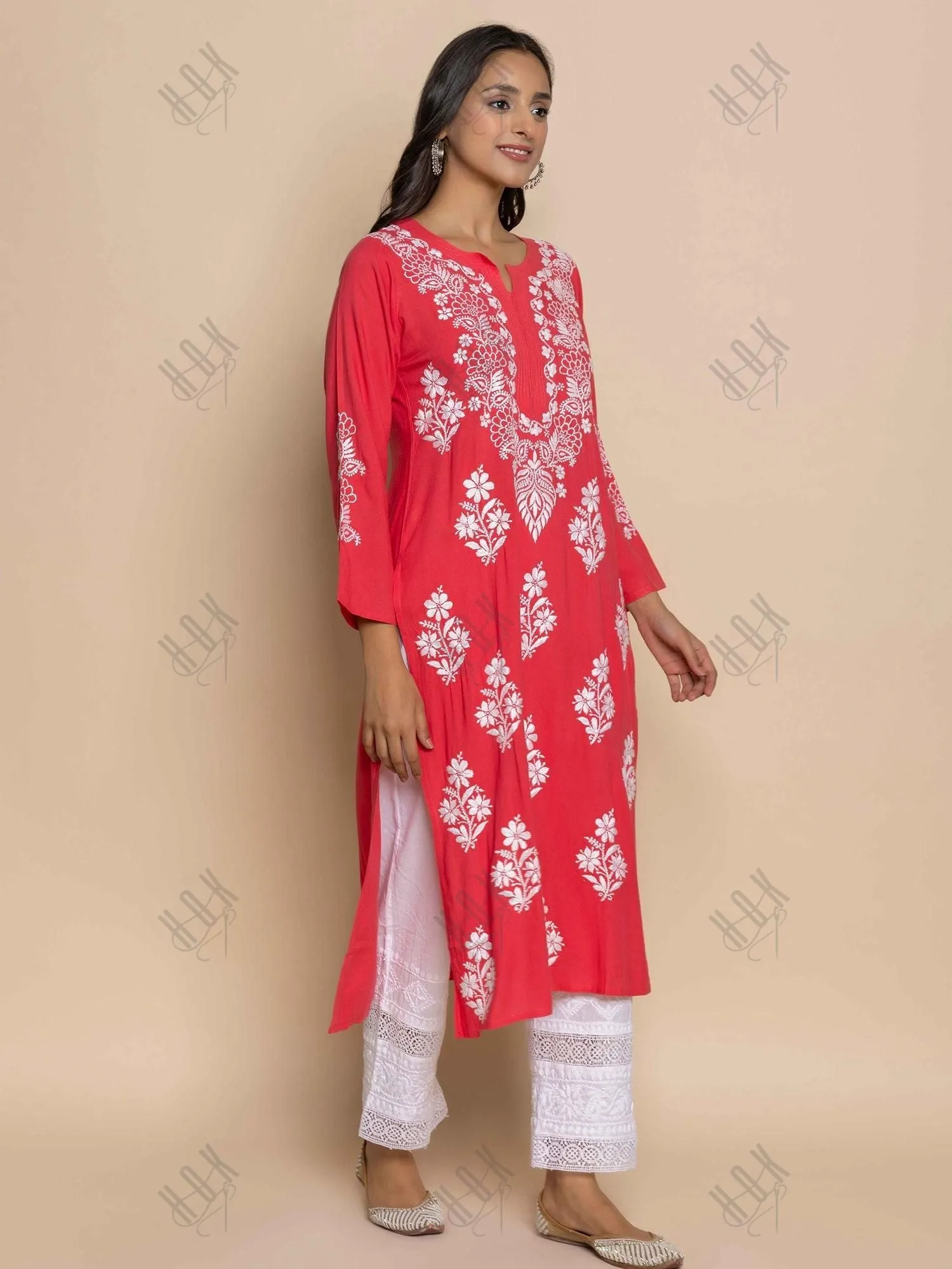 Tanika in Hand Embroidered Chikankari Kurta in Red