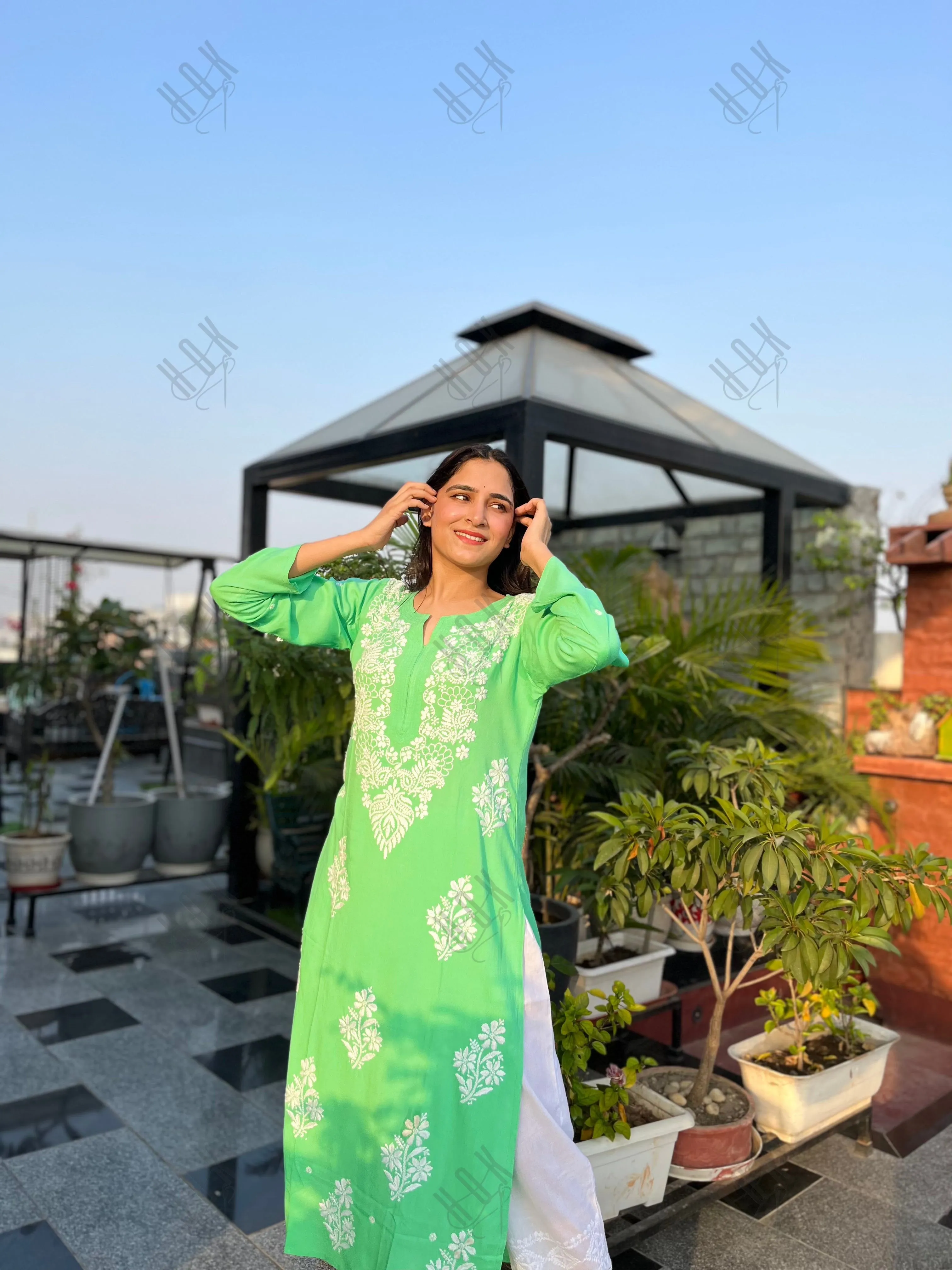 Tarika in Hand Embroidered Chikankari Kurta in Sea Green