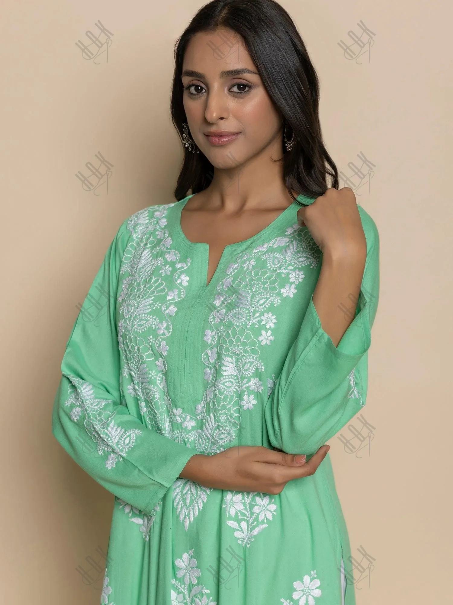 Tarika in Hand Embroidered Chikankari Kurta in Sea Green