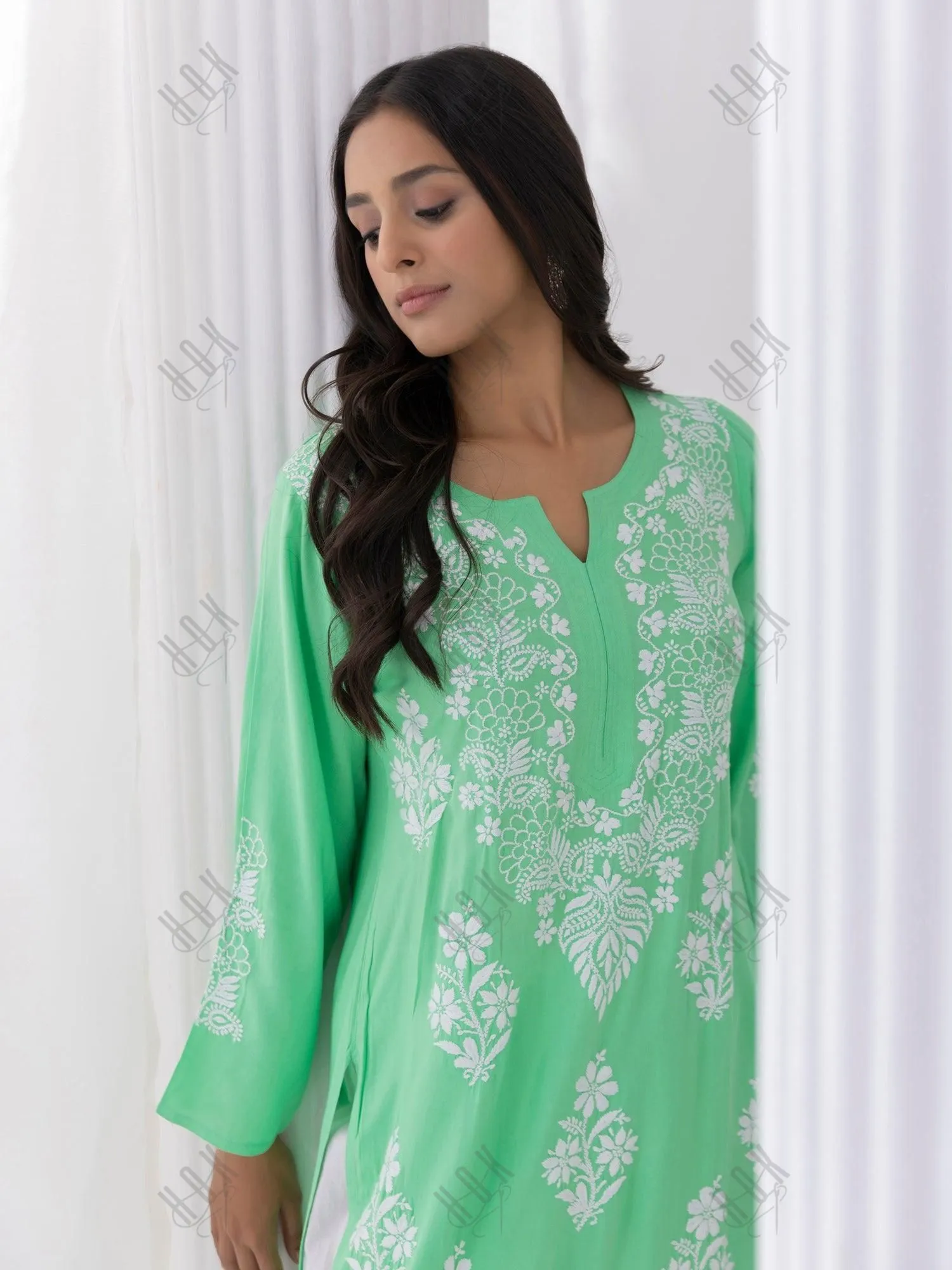 Tarika in Hand Embroidered Chikankari Kurta in Sea Green