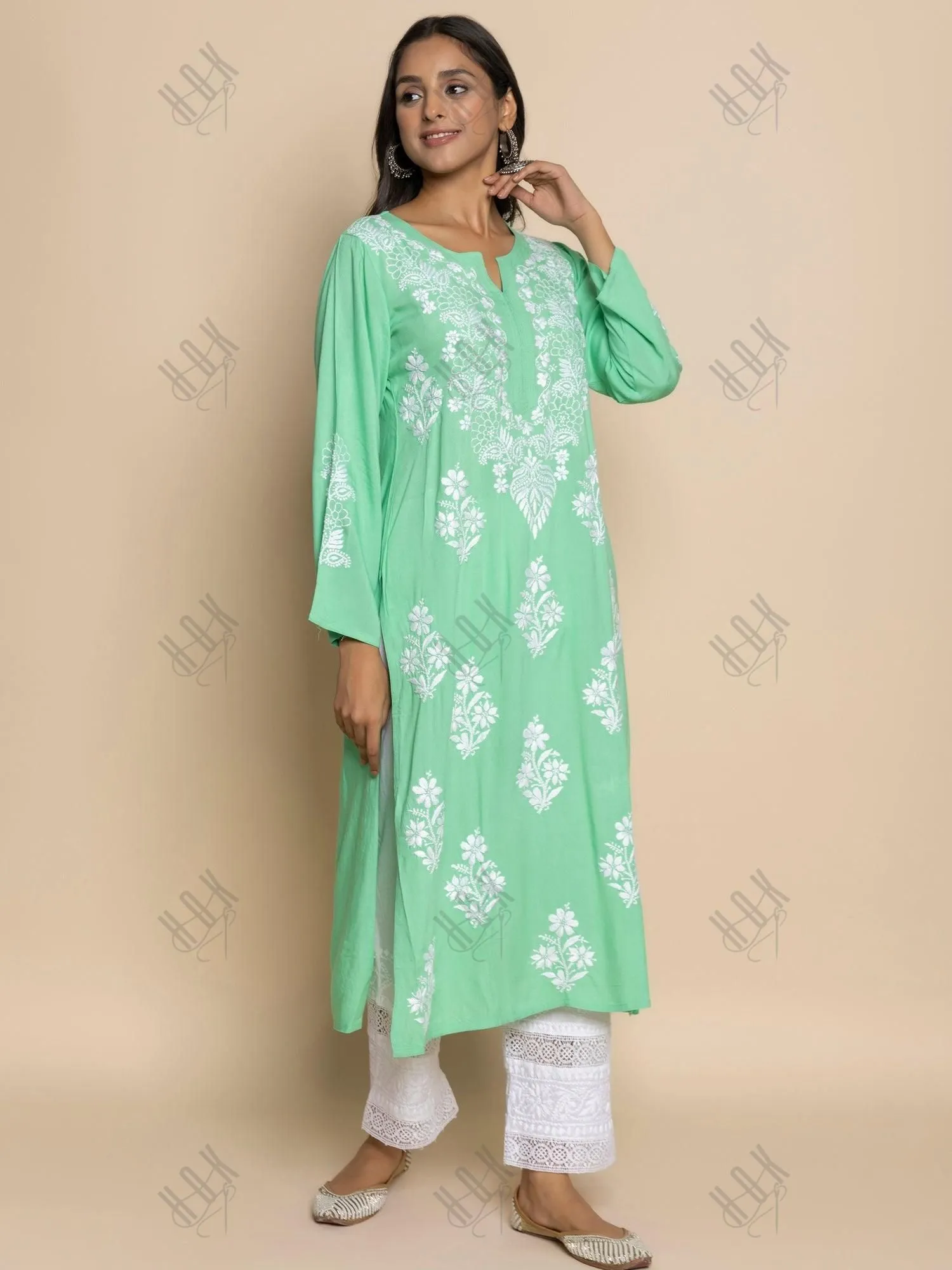 Tarika in Hand Embroidered Chikankari Kurta in Sea Green