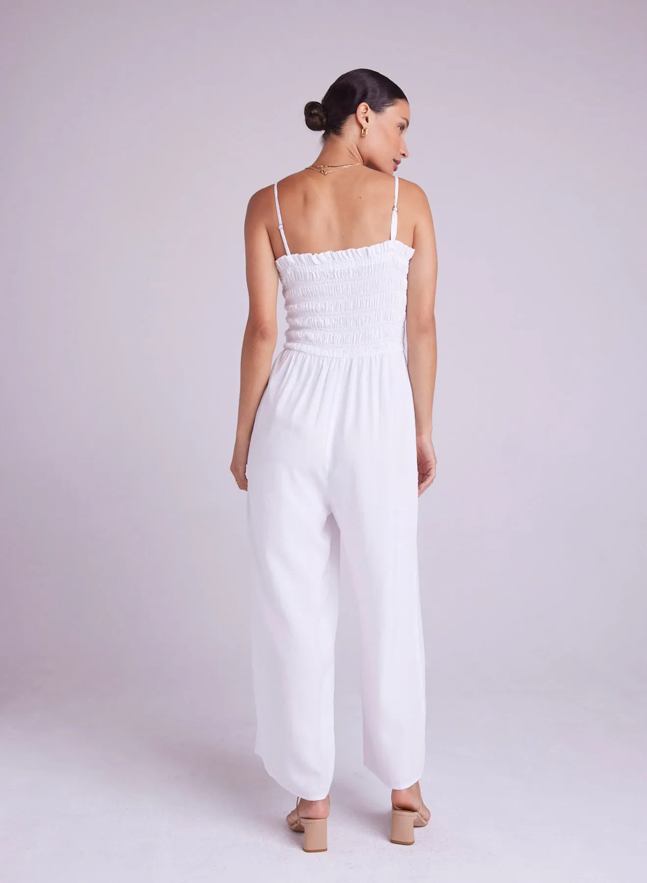 Wide Leg Smocked Ruffle Jumpsuit - White