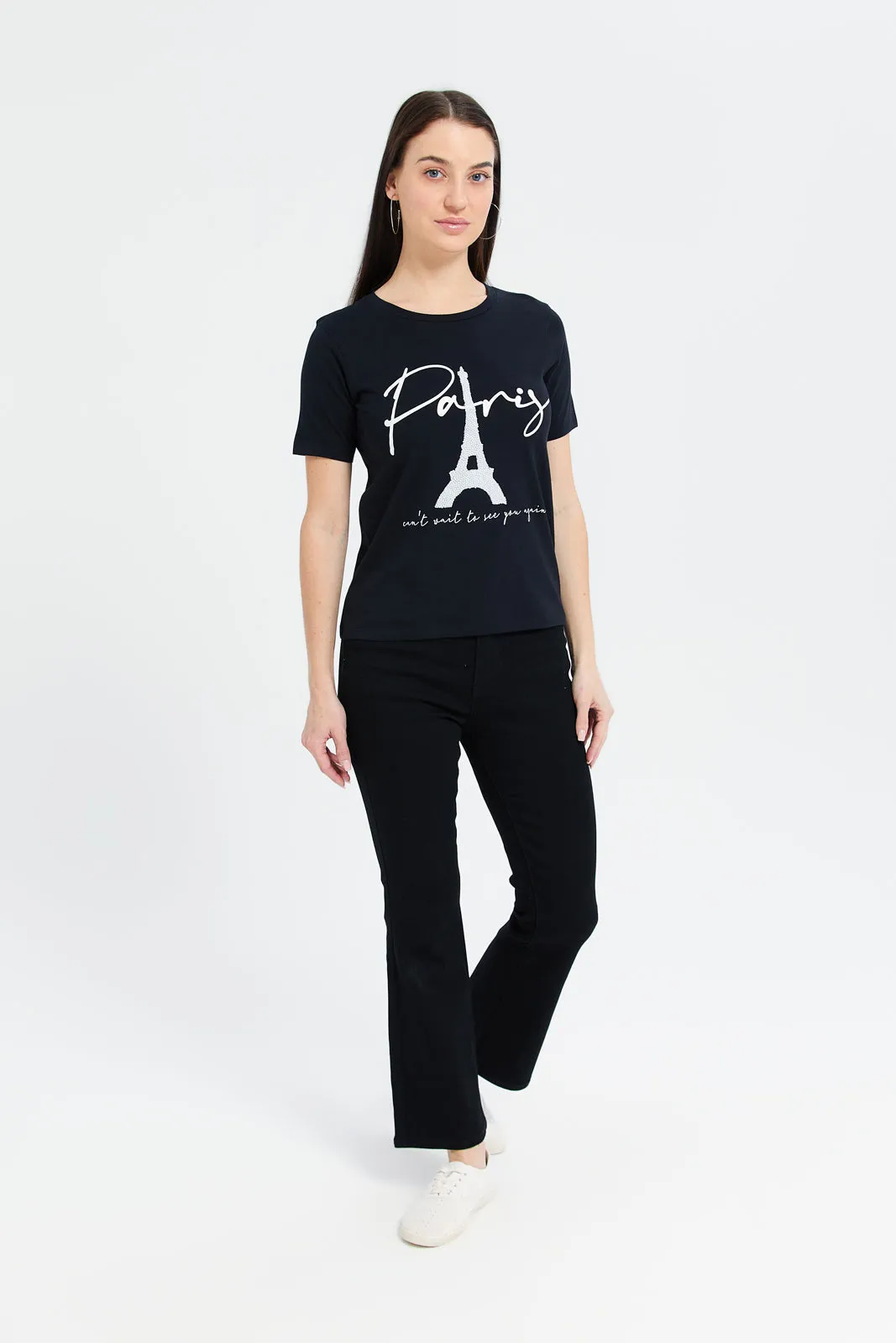 Women Black Paris Pearl Embellished T-Shirt