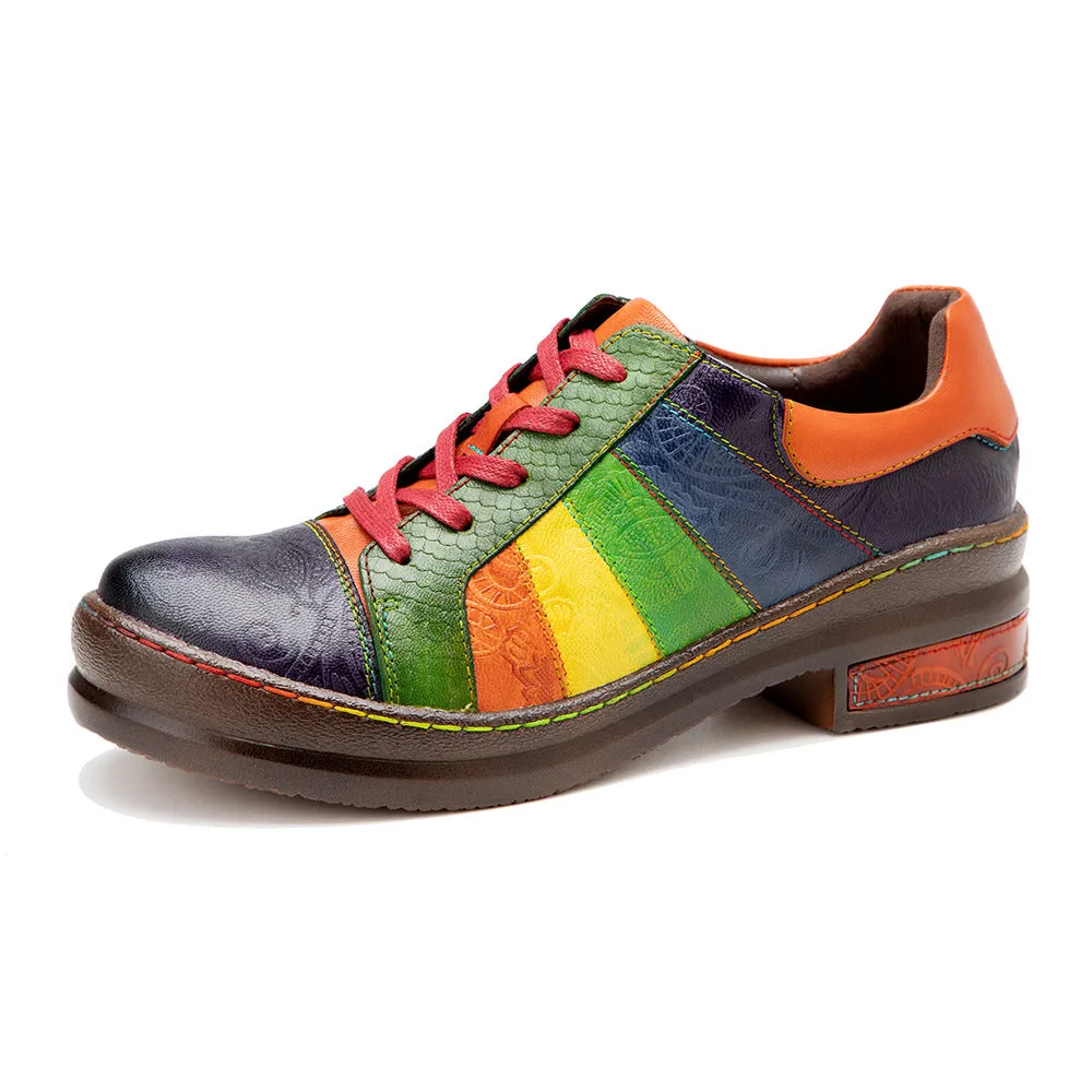 Womens Rainbow Leather Lace-up Platform Brogues Oxford Shoes