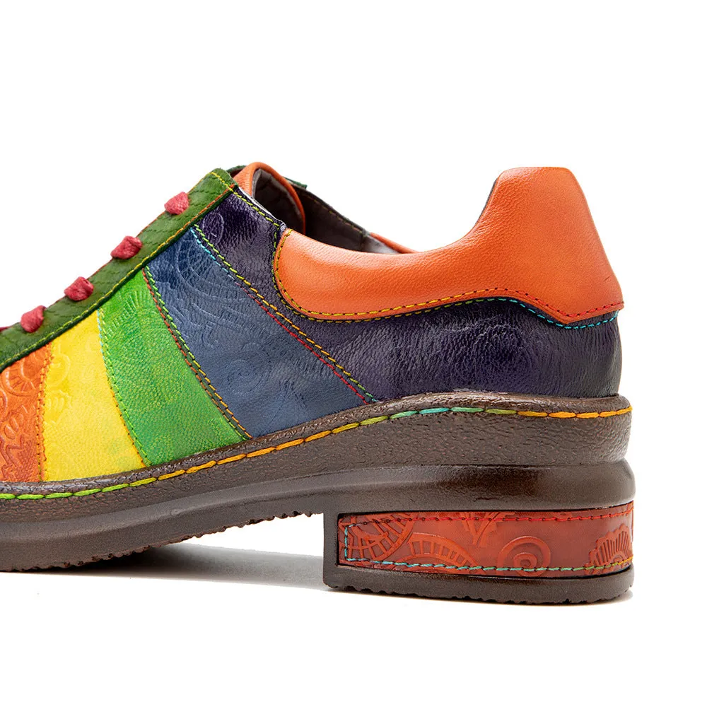 Womens Rainbow Leather Lace-up Platform Brogues Oxford Shoes