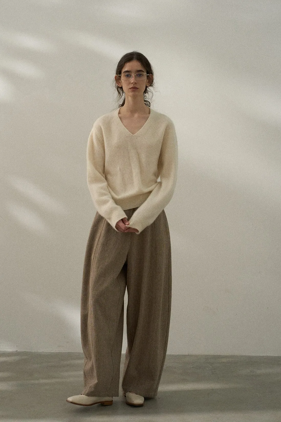 Wool blend wide leg curved pants | 2 color